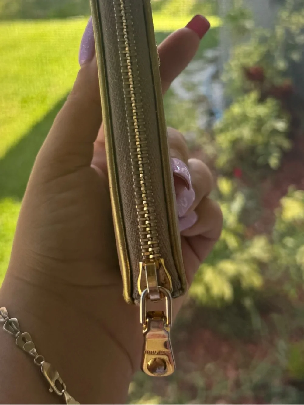 Miu Miu tan Leather Zip Wallet with Gold interior